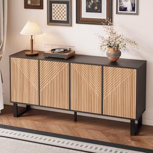 Madia REDOM in MDF e metallo, design minimalista a righe, colore nero e marrone, L: 160 cm, P: 38 cm, H: 75 cm – 1