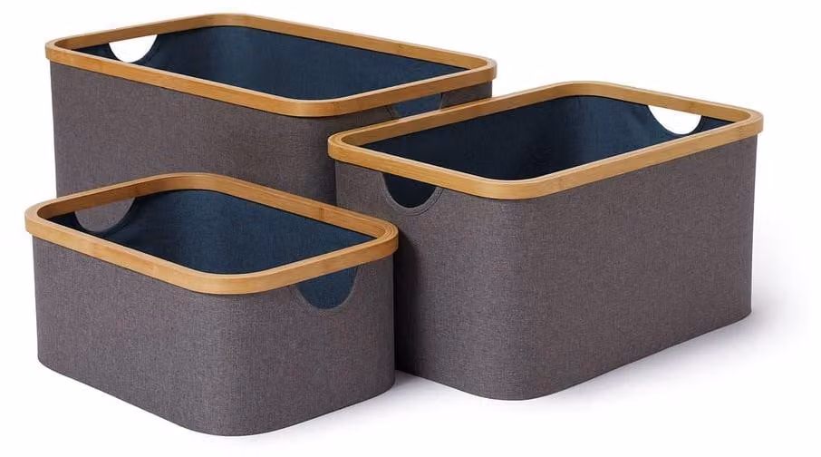 Set di 4 scatole contenitore in bambù Lumaland, grigio/blu, dimensioni: 30x30x10 cm / 29,9x14,8x10 cm / 14,8x14,8x10 cm