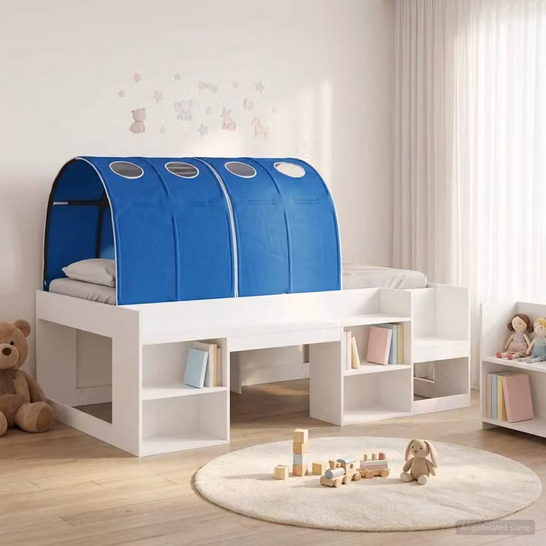 vidaXL Letto per bambini con tunnel e struttura a casetta, Bianco e Blu, L/P/H: 200 x 100 x 127 cm