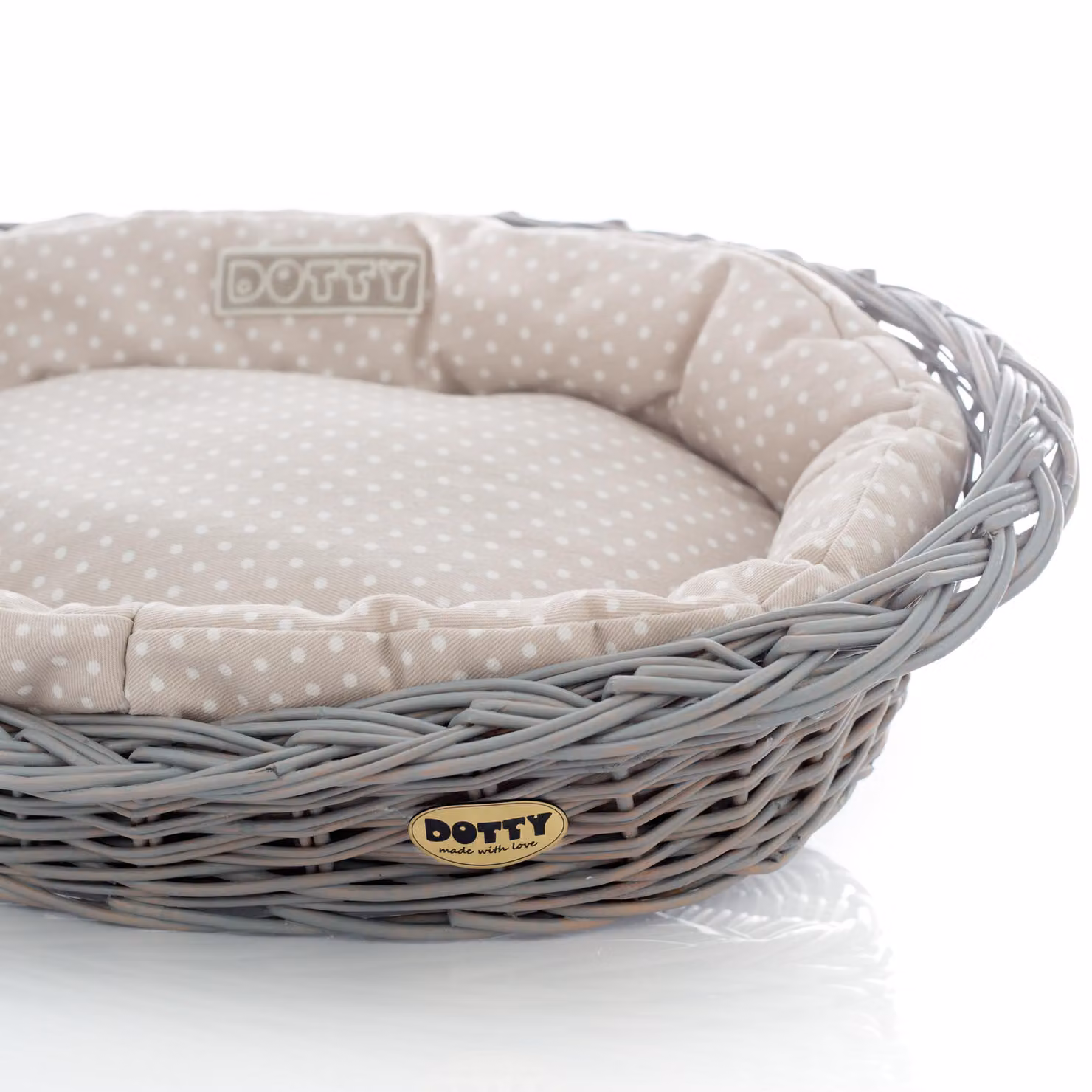 Cesto di vimini grigio dipinto a mano con cuccia in cotone - Beige a pois bianchi - Lavabile e morbido - DOTTY