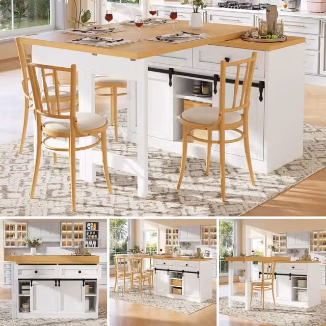 Tavolo da pranzo isola cucina girevole 360° 120 197 cm ante fienile 2 cassetti ripiani regolabili bianco