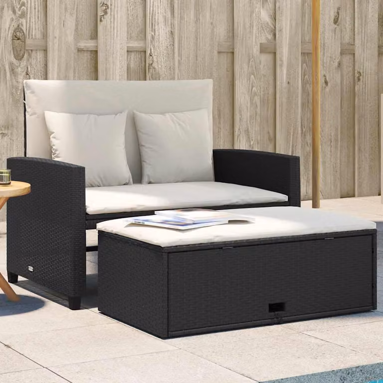 vidaXL Divano da Giardino a 2 Posti in Polyrattan con Cuscini e Pouf, Nero e Bianco