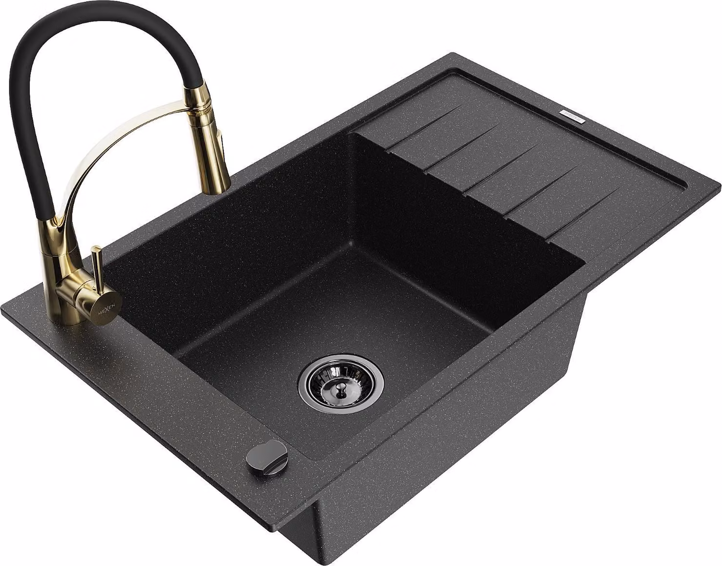 Mexen Elias lavello in granito a 1 vasca con scolapiatti e miscelatore cucina Aster, nero/argento metallizzato