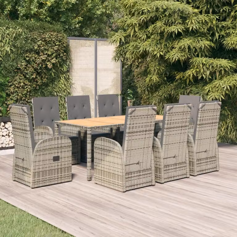 The Living Store Set da pranzo da giardino 9 pezzi con cuscini in poly rattan grigio