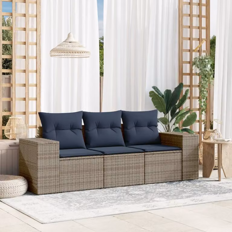 Set di divani da giardino vidaXL in polyrattan con cuscini grigi e blu per esterno