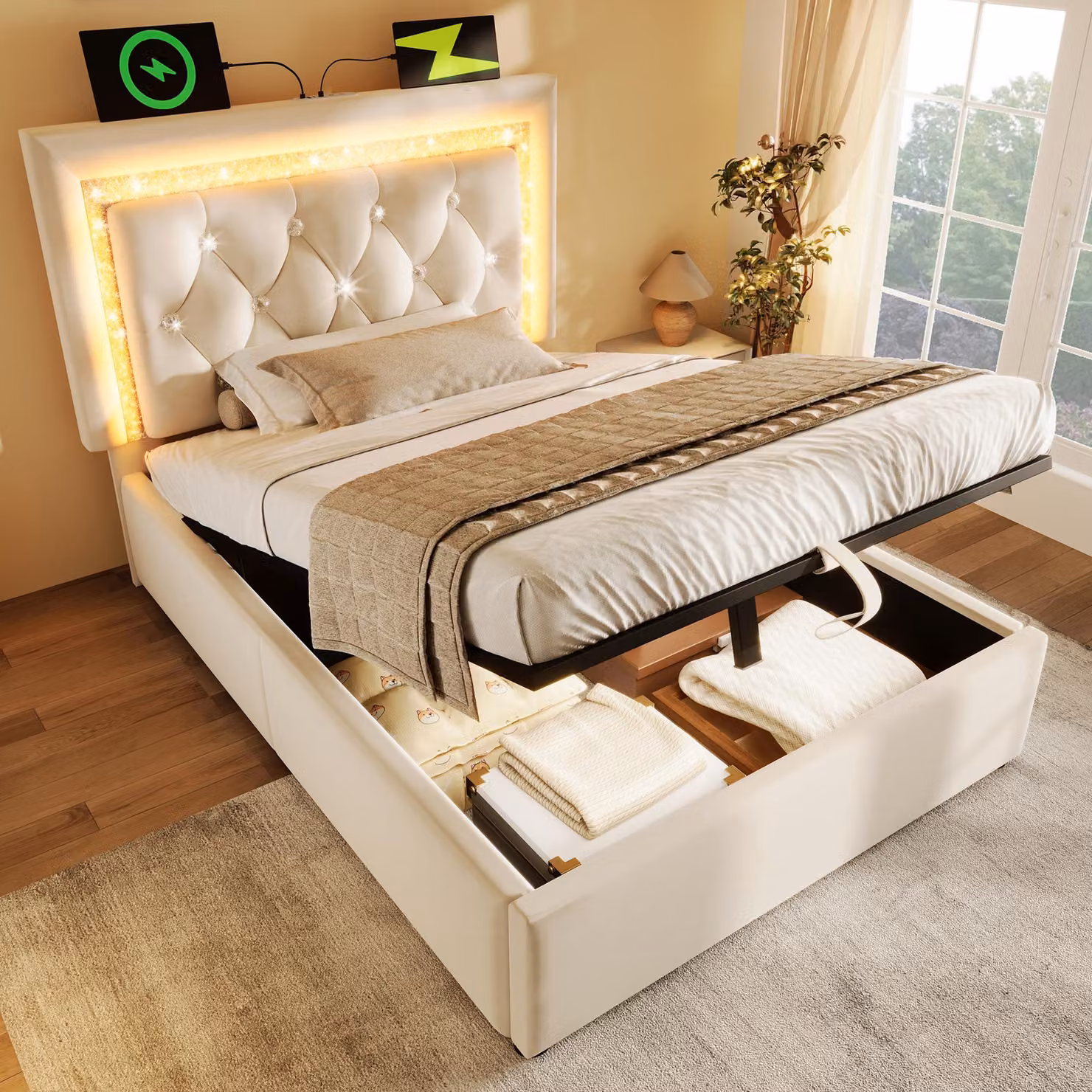 Letto imbottito 90x200 cm, singola, in velluto, con fascia a LED a forma di diamante nella testiera, stazione di ricarica USB e Type-C, e contenitore a sollevamento idraulico con spazio di stoccaggio