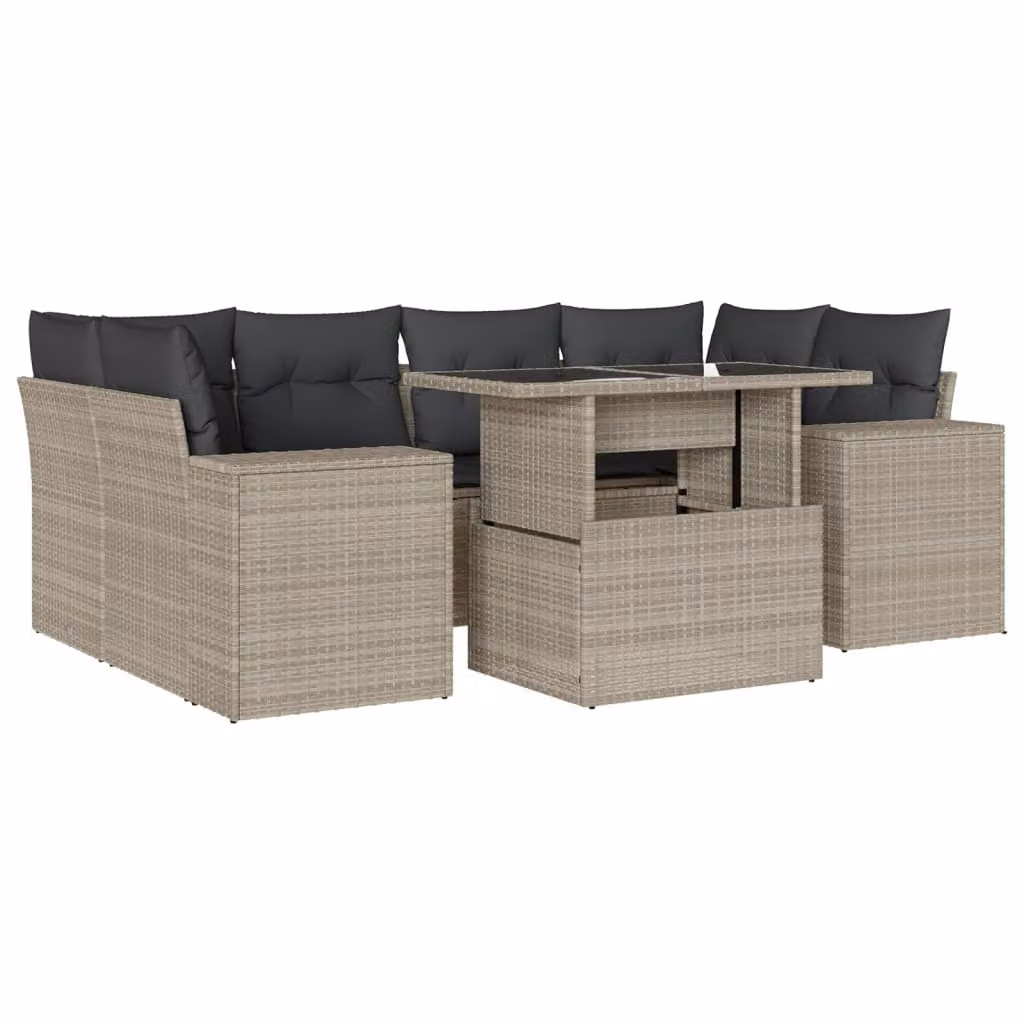 Set Divani da Giardino 7pz con Cuscini Grigio Chiaro Polyrattan