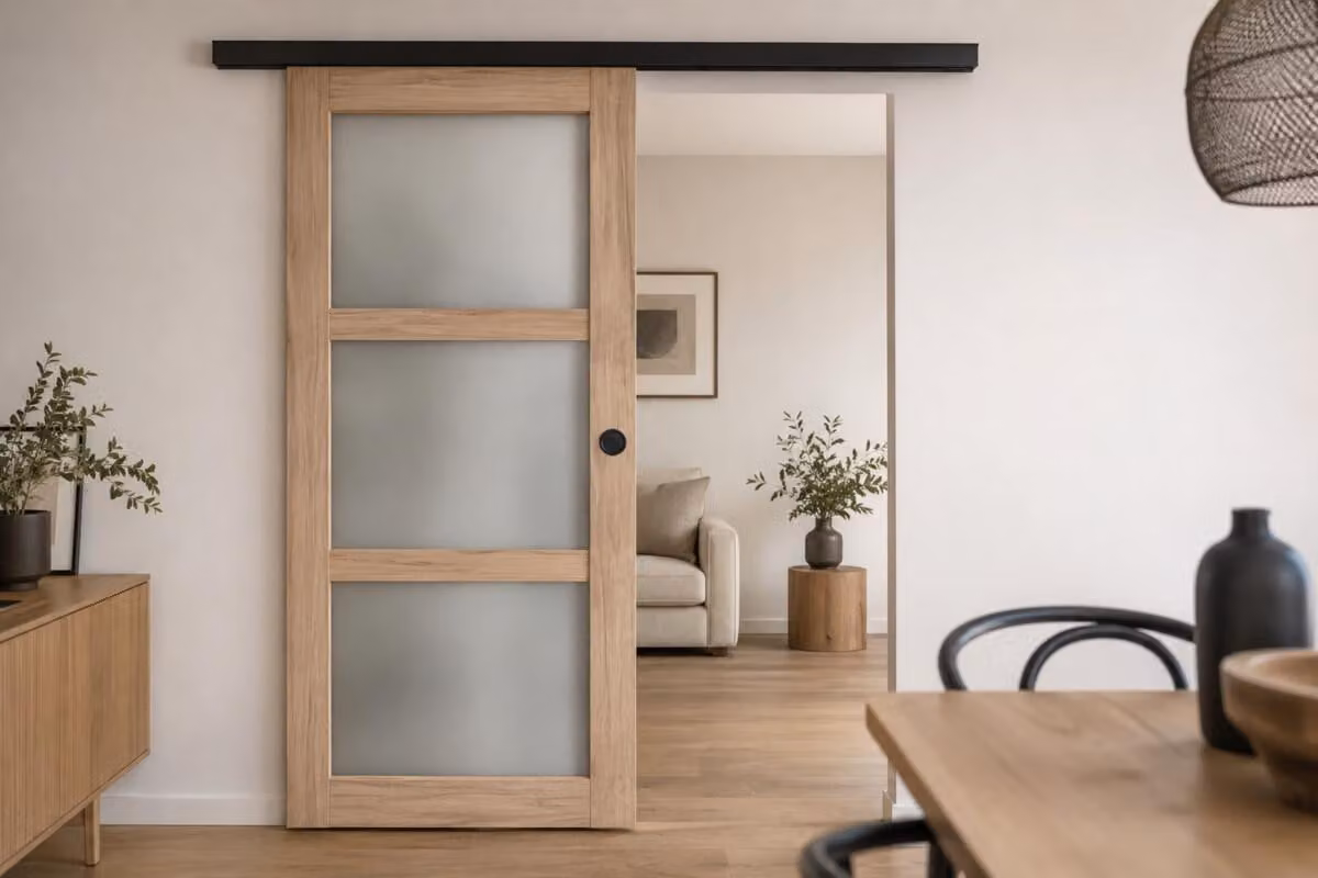 Porta scorrevole in legno Frake con vetro H204 x L83 cm, binario a bandeau nero, conchiglie nere GD MENUISERIES