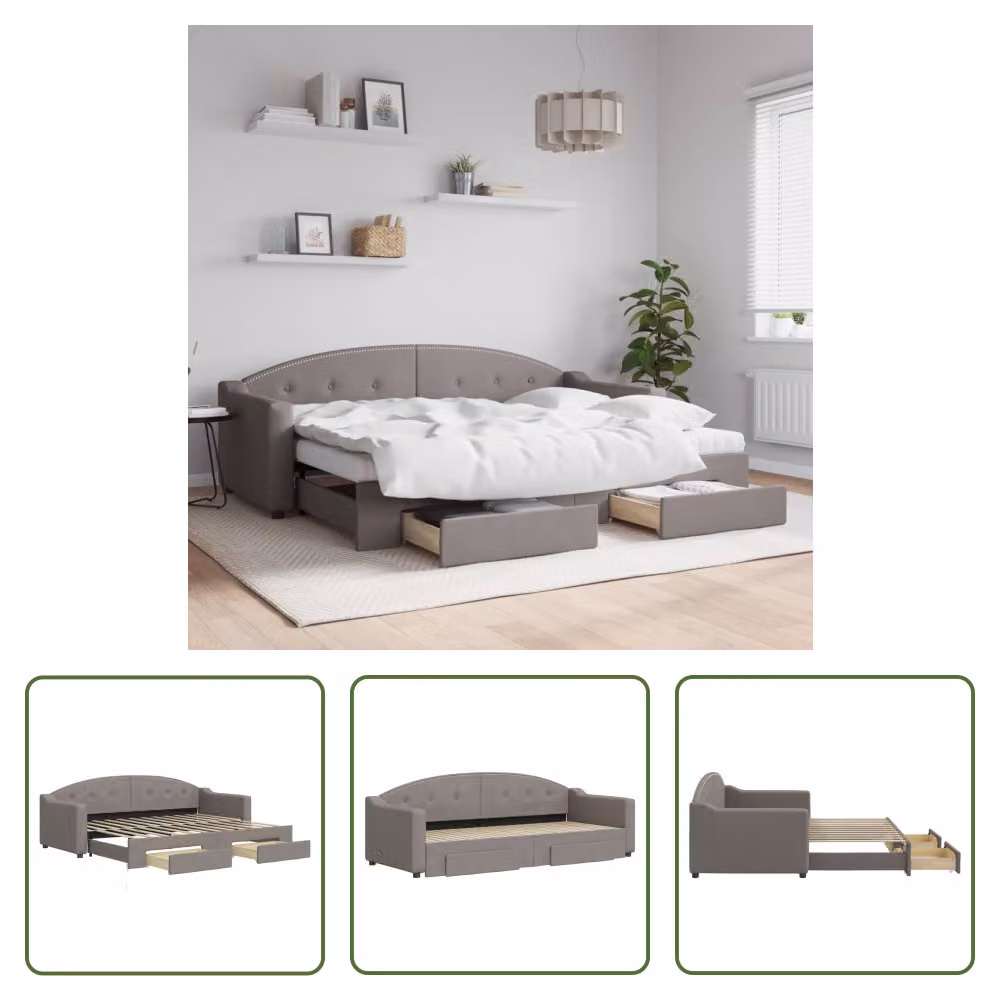 The Living Store Letto allungabile con cassetti Taupe 80x200 cm tessuto