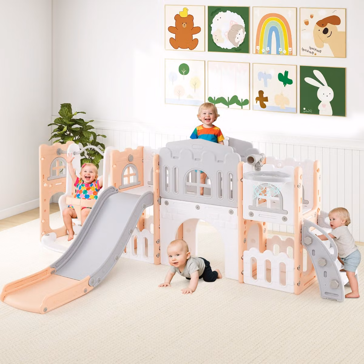 Set gioco 10 in 1 con altalena, scivolo e canestro da basket telescopico Costway per bambini da interno, Grigio