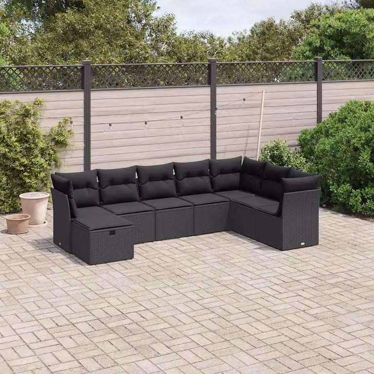 Set Divani da Giardino a L vidaXL in Polyrattan Nero con 8 Cuscini e Ottoman