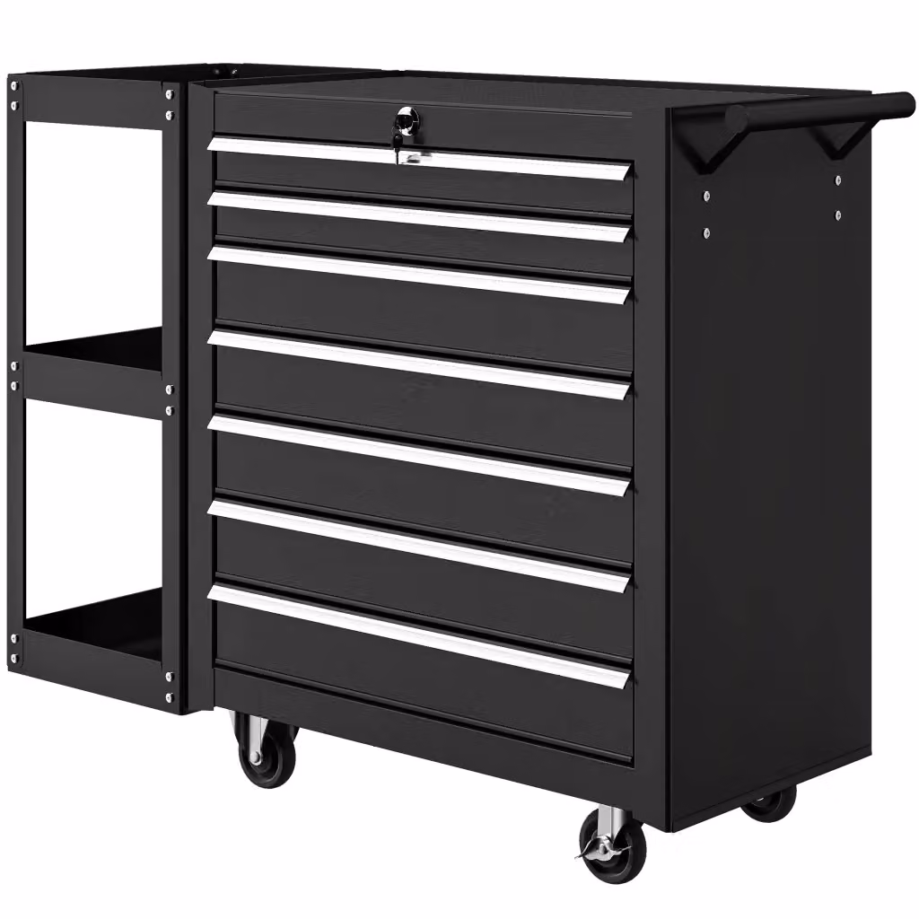 Carrello portautensili XYLO con 7 cassetti, scaffale laterale rimovibile e 4 ruote con freno, Nero, L: 96 cm, P: 33,5 cm, H: 75 cm – 2