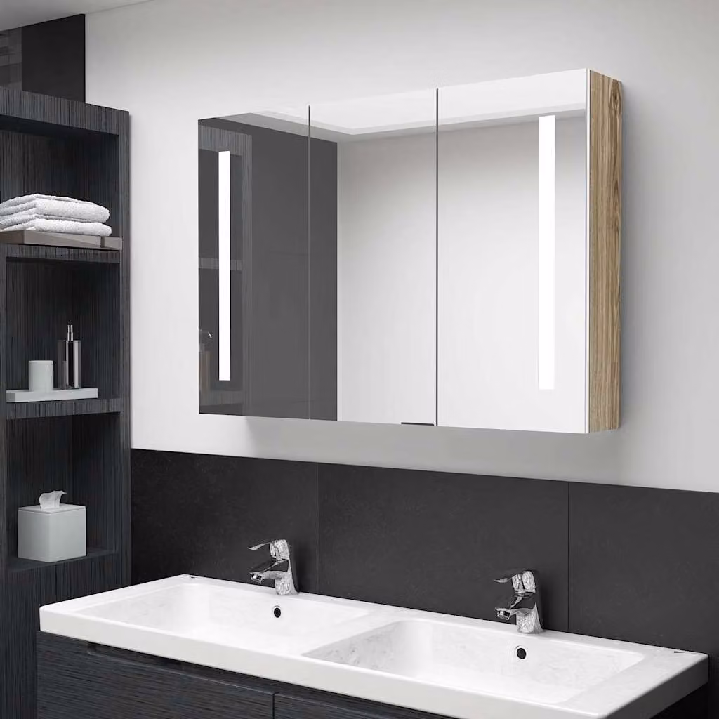 Armadietto da bagno con specchio e illuminazione LED vidaXL, Bianco e Rovere, L: 89 cm, P: 14 cm, H: 62 cm – 1