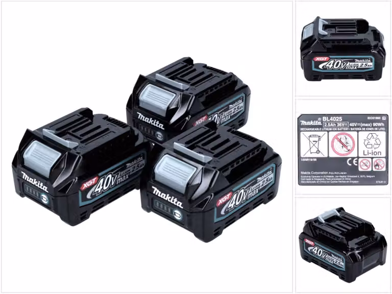Set di batterie Makita 40 V con 3x BL 4025 2,5 Ah ( 3x 191B36-3 ) XGT Li-Ion classe di protezione IP64 con display a LED