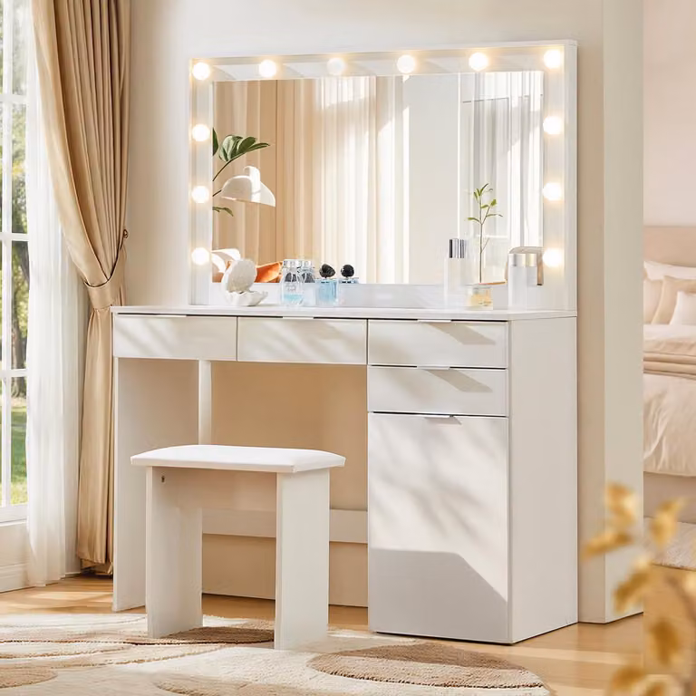 Comò da trucco con illuminazione a LED e sgabello, colore bianco, dimensioni 105x40x140 cm