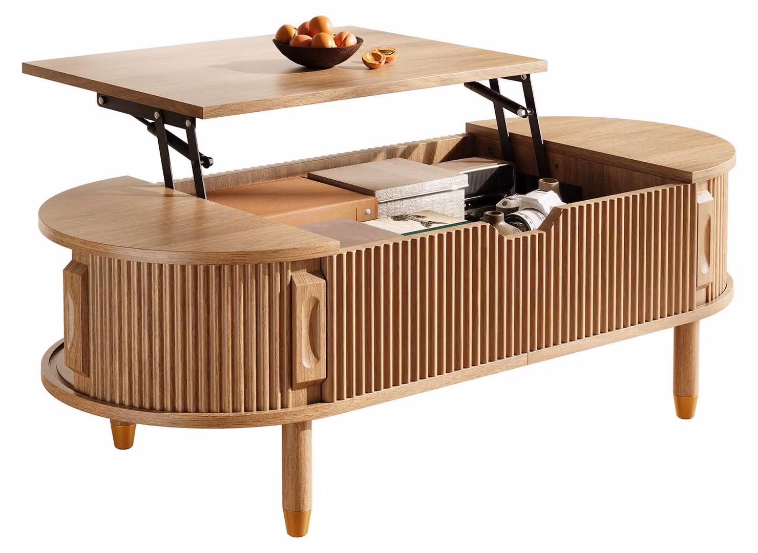 Tavolino, piano d'appoggio, spazio contenitivo, MDF, gambe in legno di gomma, superficie scanalata, porta scorrevole