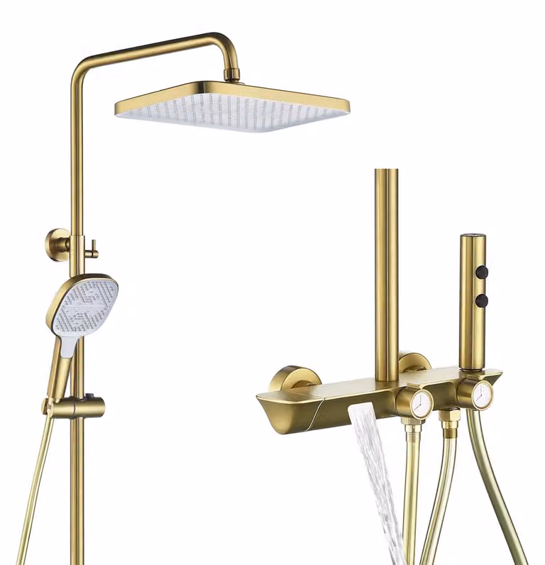 Termostato-doccia multifunzione 4-in-1, finitura oro spazzolato, da montare a parete