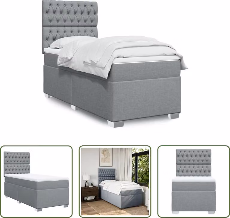 The Living Store Letto a molle con materasso grigio chiaro 100x200 cm in tessuto