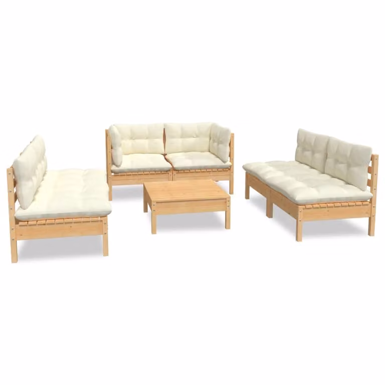 Set Divani da Giardino 7 pz con Cuscini Crema in Massello di Pino