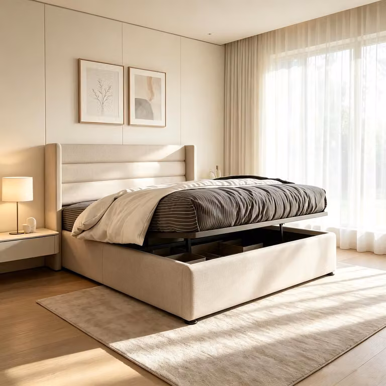 INONEFT Letto contenitore imbottito, letto matrimoniale idraulico 160x200 cm, rete a molle in legno, letto con rete a molle in struttura metallica, colore beige