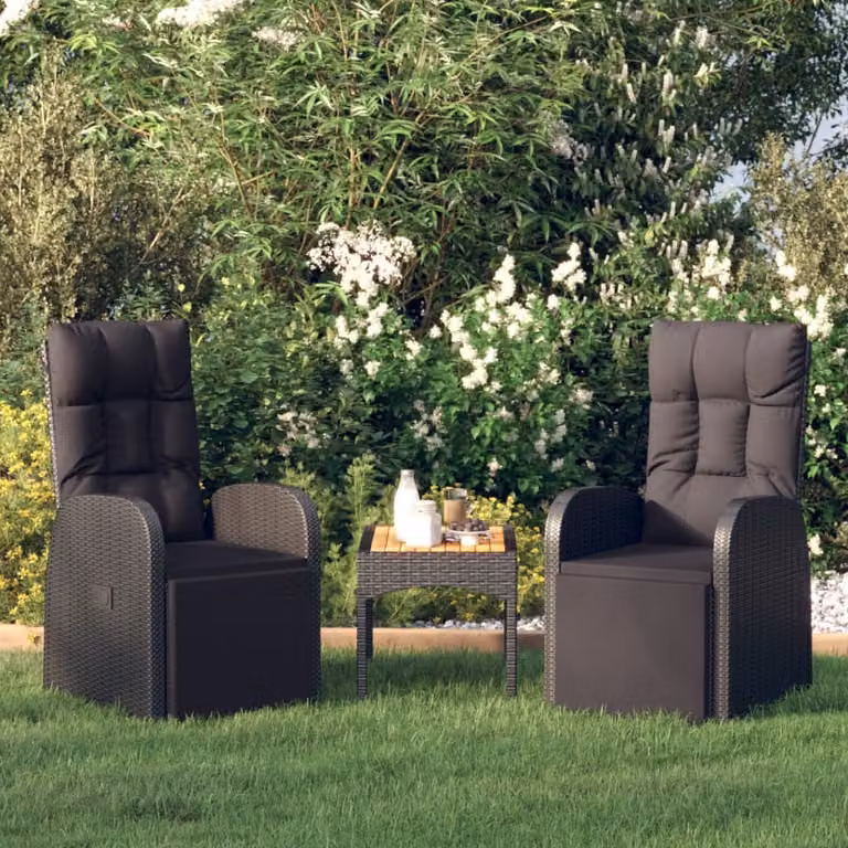 Set di 2 sedie reclinabili da giardino vidaXL in polyrattan nero con cuscini e struttura in metallo