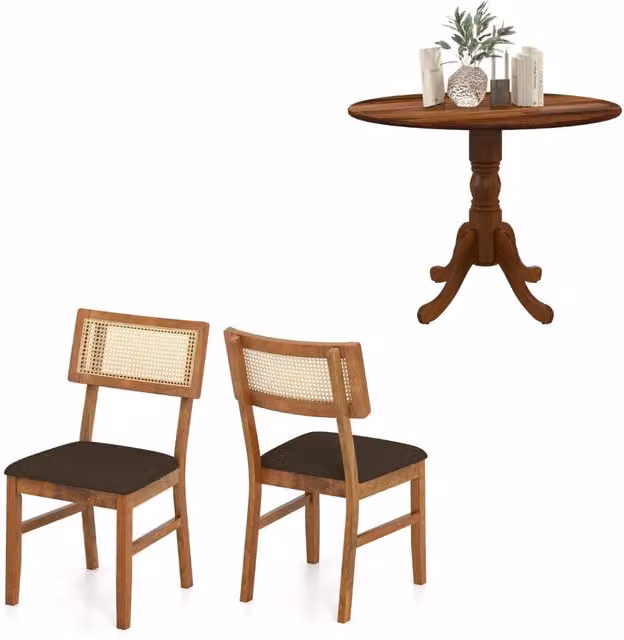 Set sedie pranzo 2 imbottite e tavolo da cucina in legno di gomma, Set sedie velluto seduta 180kg e tavolo da pranzo rotondo 100 cm