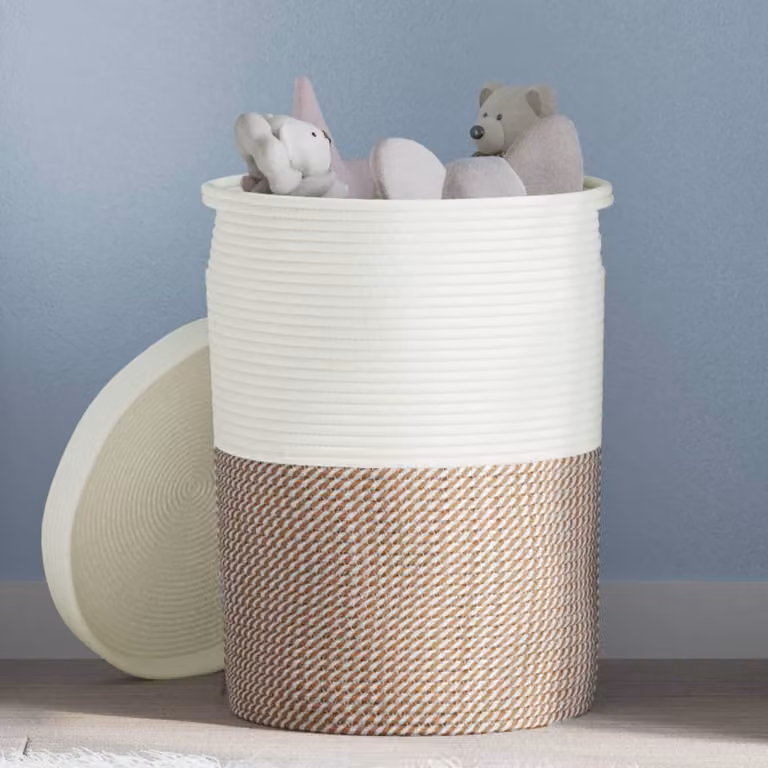 Cestino portaoggetti con coperchio vidaXL in cotone multicolore marrone e bianco Ø37 x H 50 cm