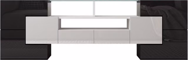 Mobile TV Moderno Aosom con Illuminazione LED Integrata, Superfici in Vetro Lucido, 6 Ante, 2 Cassetti e 3 Scomparti, Bianco e Nero, L: 145 cm, P: 30 cm, H: 51 cm