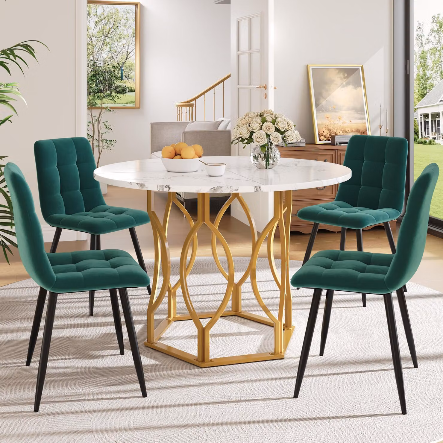 Set tavolo da pranzo Sweiko (5 pezzi), set tavolo da pranzo con 4 sedie, set tavolo da cucina, tavolo da pranzo rotondo con diametro di 100 cm e gambe in metallo dorato, piano del tavolo in MDF bianco, sedie da pranzo in velluto verde scuro