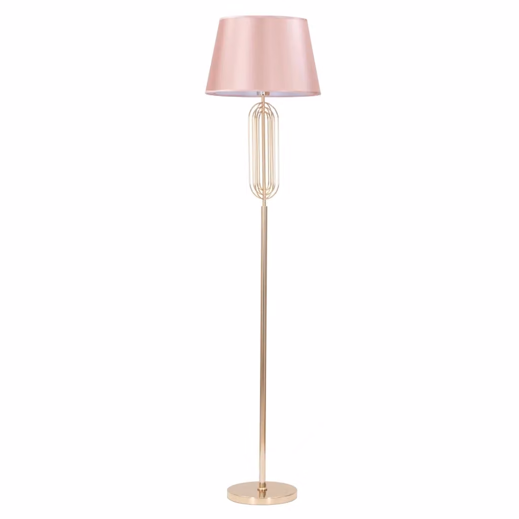 Abha, Lampada da Terra in Metallo e Tessuto Rosa e Oro, con Paralume Cilindrico e Attacco E27 – 2