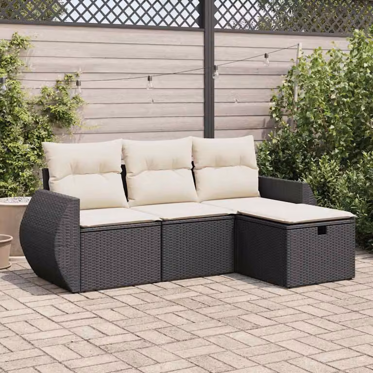 Set di divani da giardino vidaXL in polyrattan nero con cuscini, componibile a L per esterno