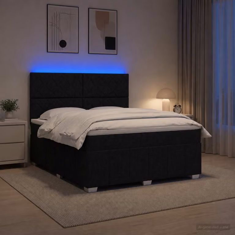 Letto Box Spring vidaXL con Materasso Nero in Tessuto, Illuminazione LED Sotto il Letto e Porta USB, L/P: 140 x 190 cm