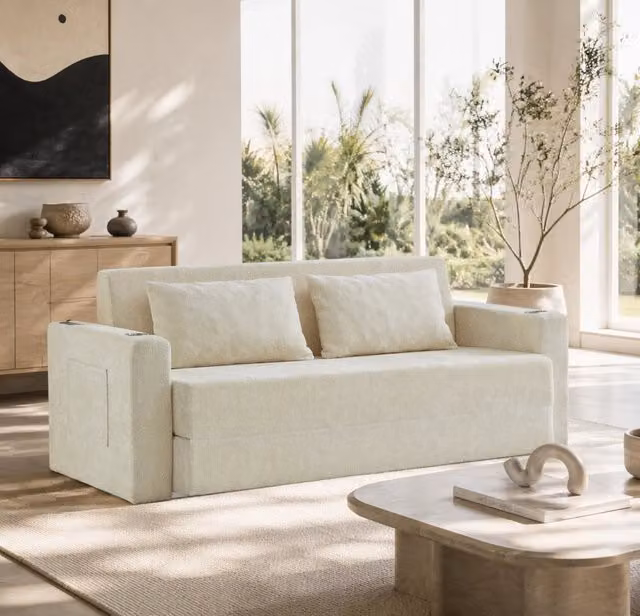 Divano letto MIVRAY a 2 posti pieghevole in velluto beige con porte USB, portabicchieri e cuscini inclusi
