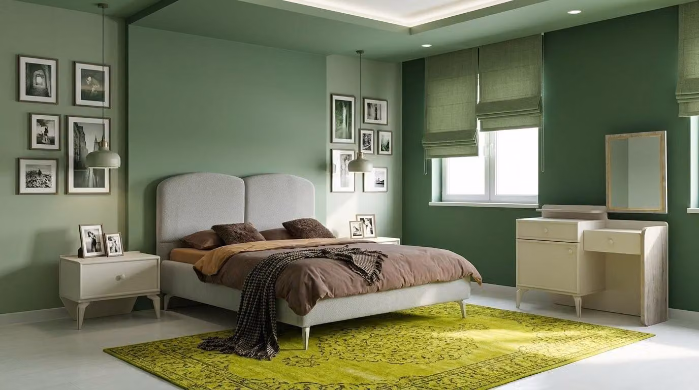 Set per camera da letto: letto, testiera, 2 comodini, cassettiera, design moderno, colore bianco
