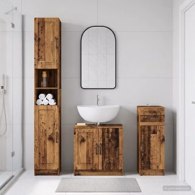 Set di armadietti da bagno UTRECHT vidaXL in legno marrone stile rustico, composto da 3 pezzi con ante a battente e ripiani interni