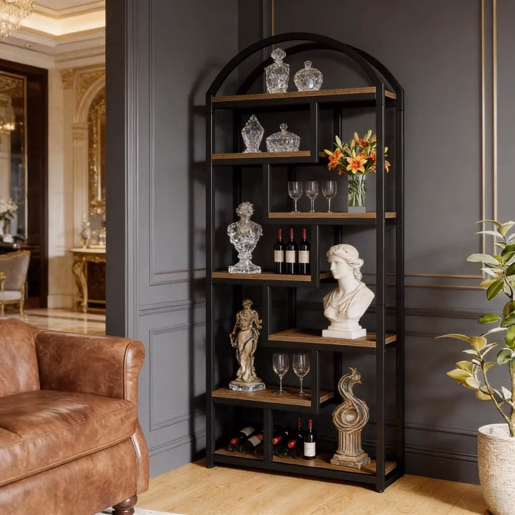 Libreria industriale WISHDOR con 7 ripiani in MDF e metallo, finitura marrone rustico e struttura nera, Altezza: 180 cm – 2