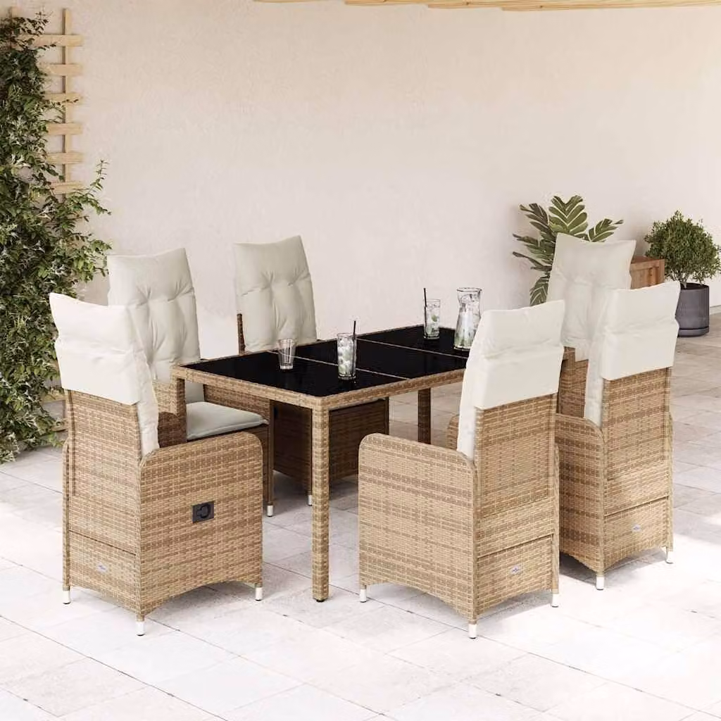 Set da bistrot 7 pezzi - rattan sintetico beige - schienale regolabile - tavolo in vetro