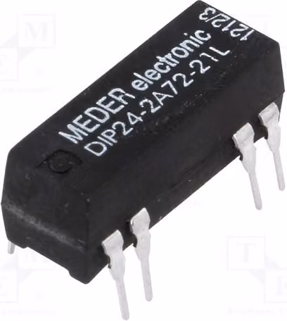 1 relè: contatto Reed 1A, bobina: 24 VDC, massimo 200 VDC, massimo 200 VAC, modello DIP24-2A72-21L, marca Elektroma