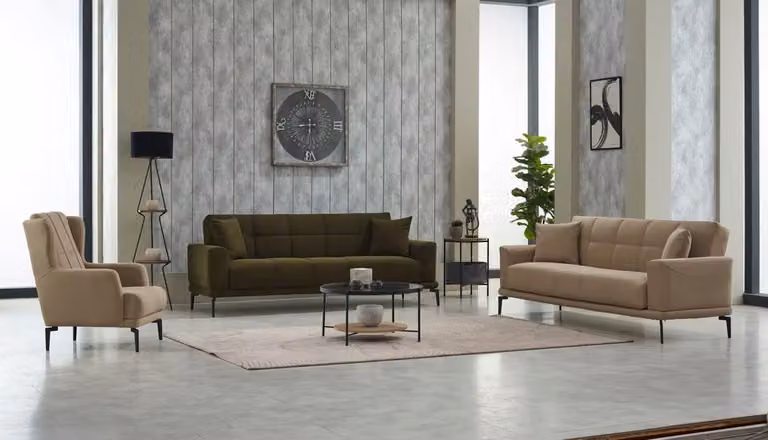 Komplette Couchgarnitur Dreisitzer Sessel Grün 3tlg Stoffsofa Couchen 3+3+1