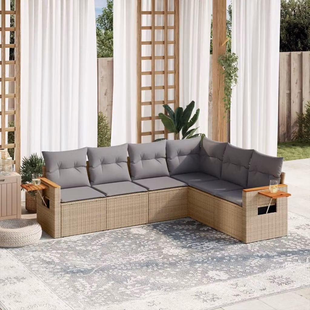 vidaXL Set Divano da Giardino a L da 6 pz in Polyrattan con Cuscini Beige e Tavolino da Caffè – 1