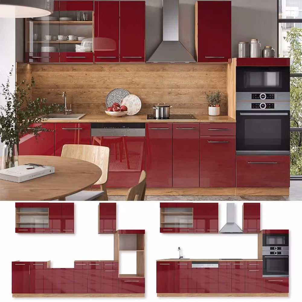 Cucina componibile Fame-Line Vicco Bordeaux lucido e Rovere dorato con armadio alto L: 300 cm – 2