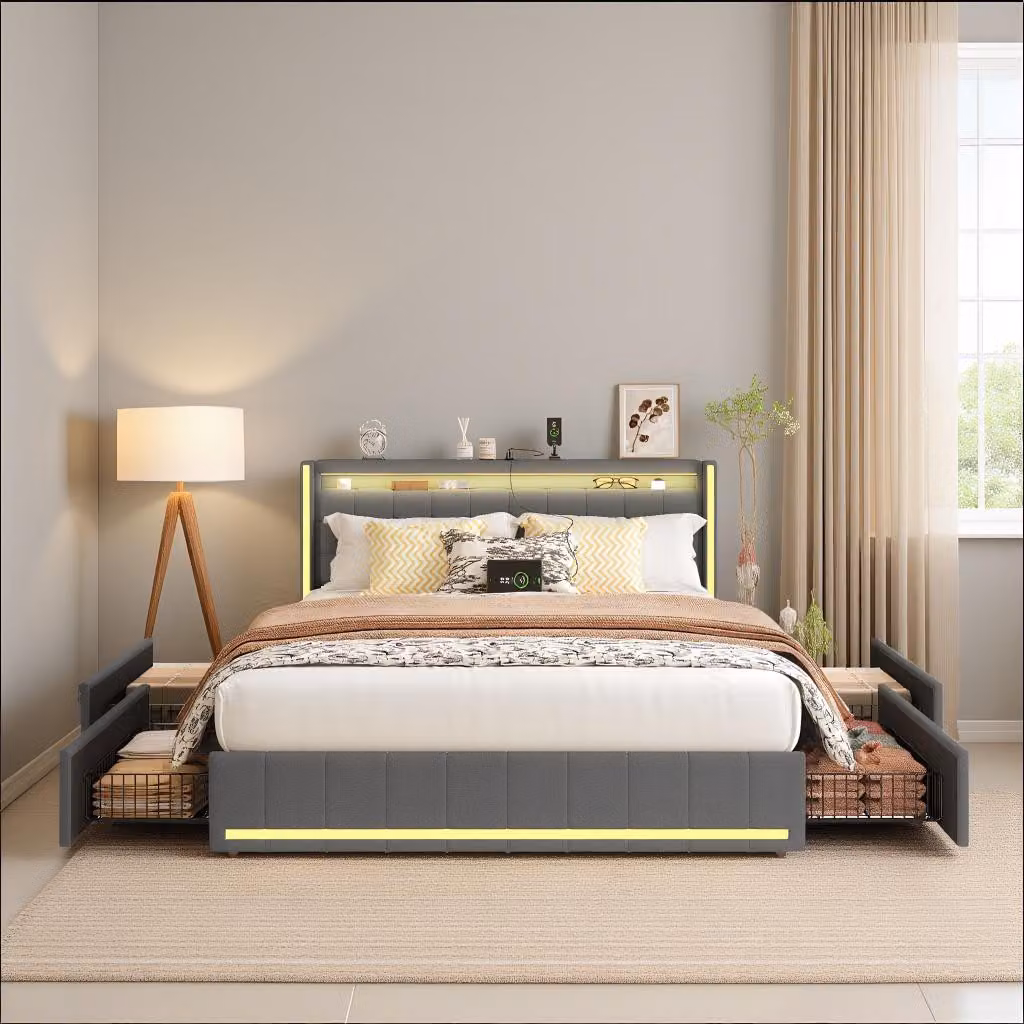 Letto imbottito INONEFT, 140 x 200 cm, con LED e USB, letto matrimoniale imbottito con 4 cassetti e rete a doghe, letto per ragazzi, letto contenitore, tessuto in lino, color grigio scuro