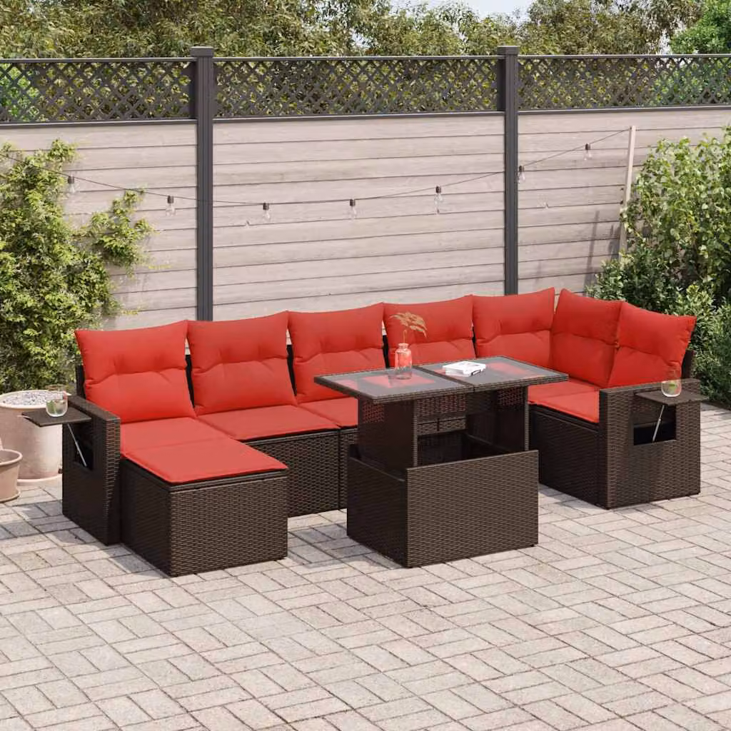 Set da giardino vidaXL composto da 8 pezzi in polyrattan marrone con cuscini e tavolino per esterno