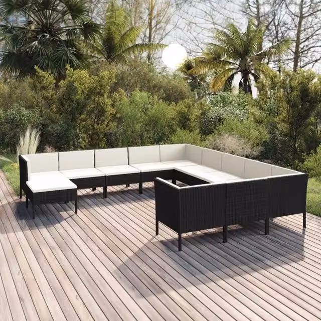 Set di Divani da Giardino a Forma di U con Cuscini e Ottoman vidaXL, Colore Nero e Bianco