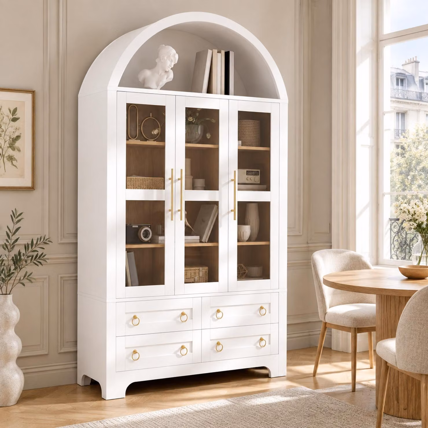 okwish: Mobile contenitore moderno con 4 cassetti, vano aperto ad arco, mobiletto per soggiorno con 3 ante in vetro, maniglie in alluminio, colore bianco