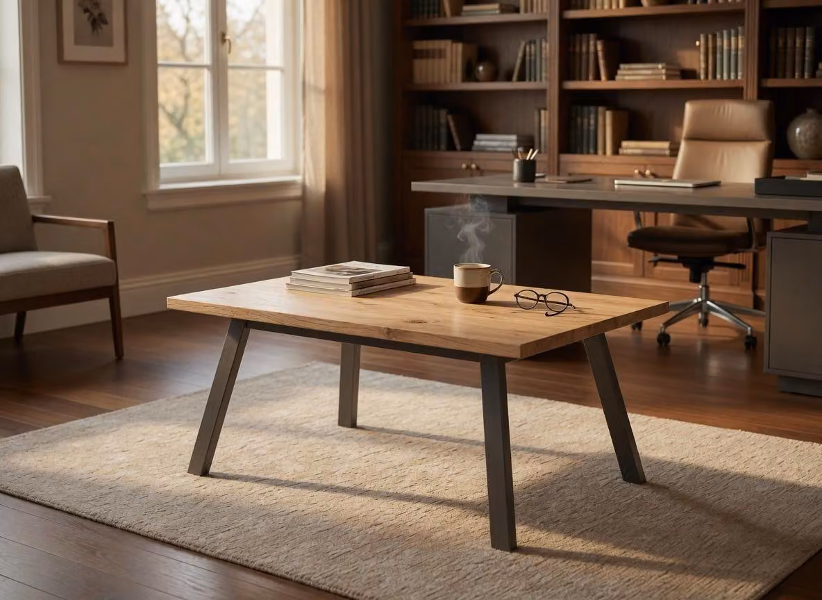 Tavolino da caffè in legno dal design funzionale, dotato di gambe in metallo robuste