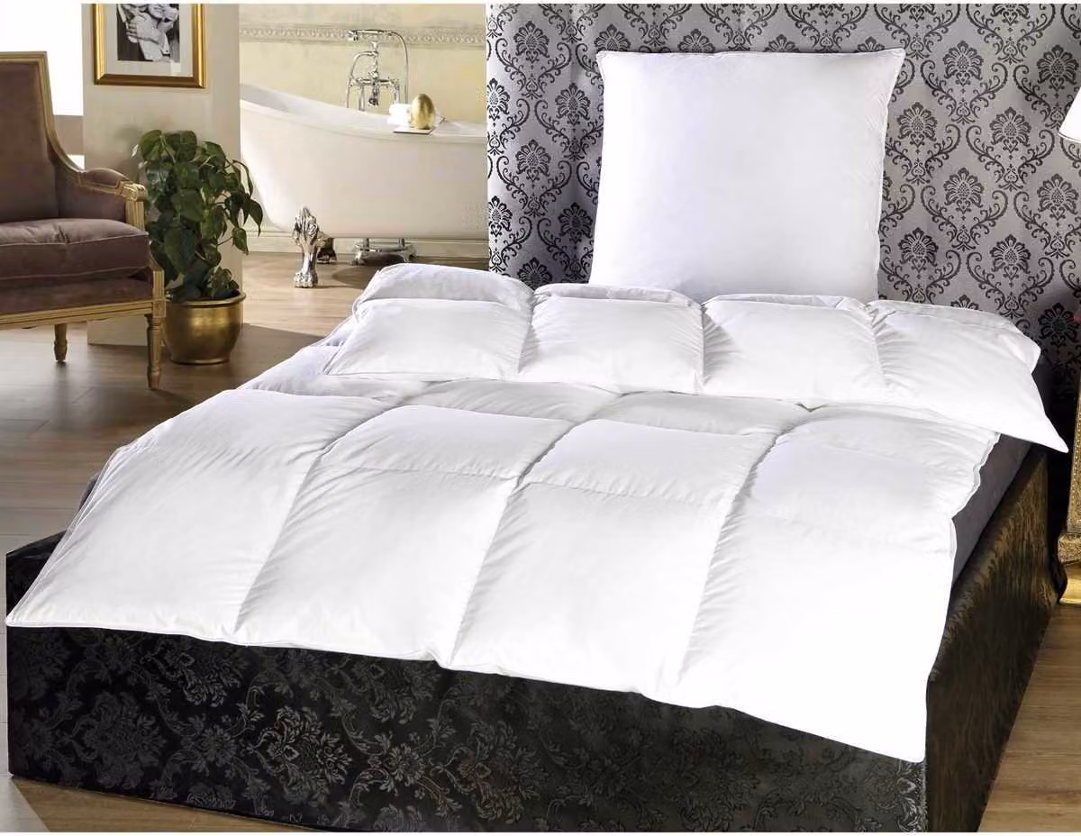 Piumino 135x200 cm con cuscino in piuma 80x80 cm – cotone, 50% piumino 50% piume, a cassettoni, caldo, prodotto in Germania