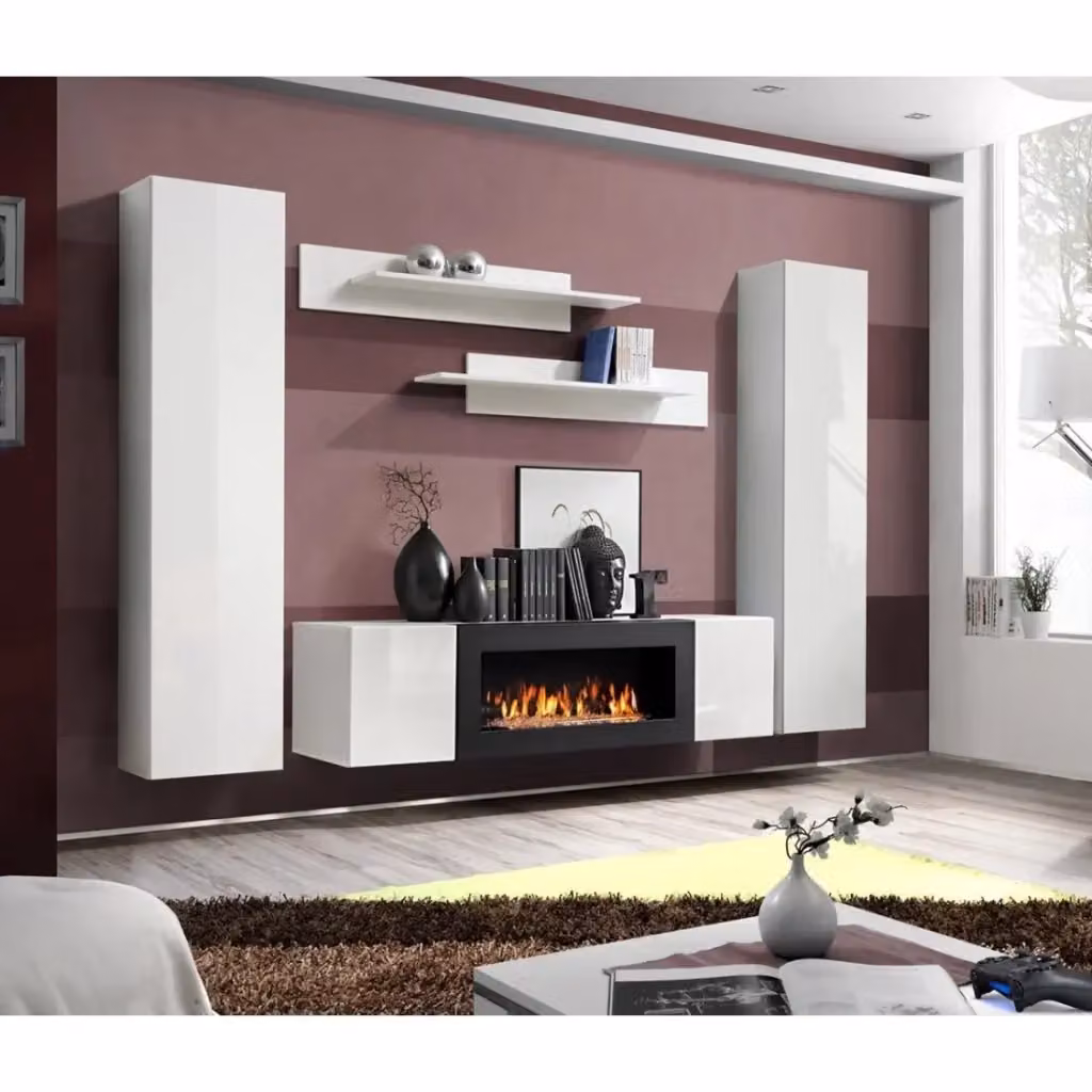 Set di mobili sospesi con camino decorativo collezione FLY M1 Meublorama colore bianco per soggiorno – 2