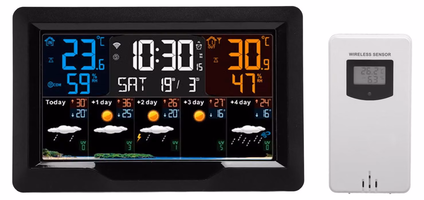 Stazione meteorologica intelligente con Wi-Fi: termometro interno ed esterno, pressione barometrica, avvisi sul vento. Modello: Haofyxquc49sf12-11