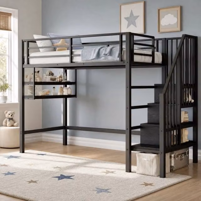Letto a soppalco per bambini 90x200 cm in metallo e MDF; nero; con ripiani e scala contenitore